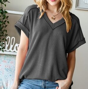 Heimish Heimish Full Size Exposed Seam Short Sleeve Ribbed Top